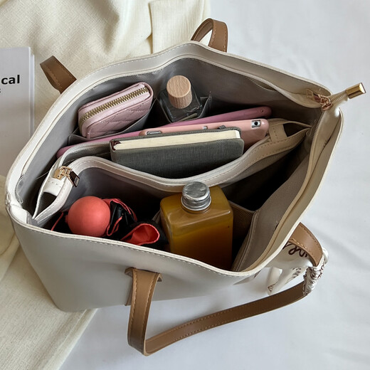 Bai Qixin Tote Bag Large Capacity Commuting Large Bag Women's Fashionable Simple Tote Bag Retro Shoulder Handbag Simple Tote Bag White with Brown + Ribbon