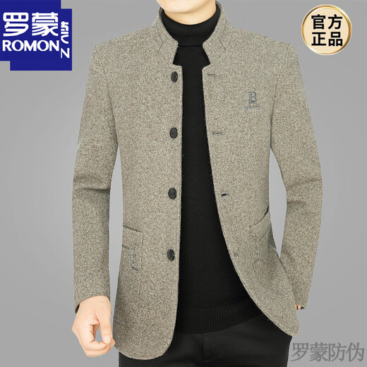 Luo Meng autumn and winter new Chinese stand collar wool casual suit tunic suit for middle-aged men slim Chinese woolen suit jacket 68153 dark gray 3XL