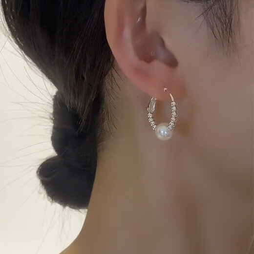 Old silversmith light luxury pearl broken silver hoop earrings 925 silver needle-like temperament earrings and ear buckles to show face and slim ear jewelry broken silver pearl earrings