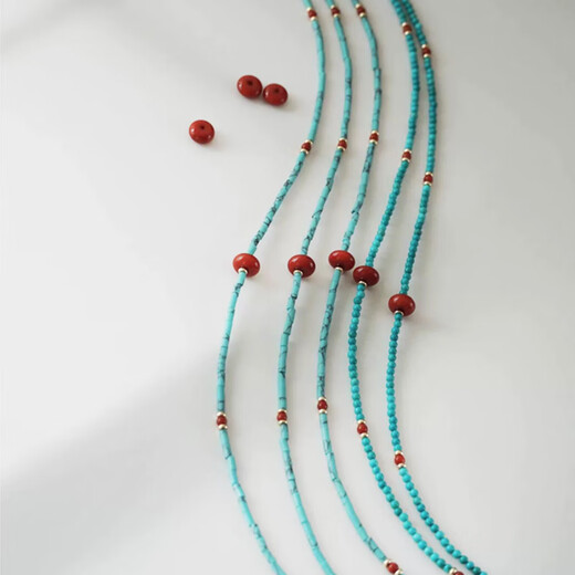 Baozha Natural Turquoise Southern Red Necklace Women's New Chinese Style National Style Clavicle Chain Niche Beaded Exquisite Temperament Necklace Summer Round Bead Turquoise Necklace - About 46cm long