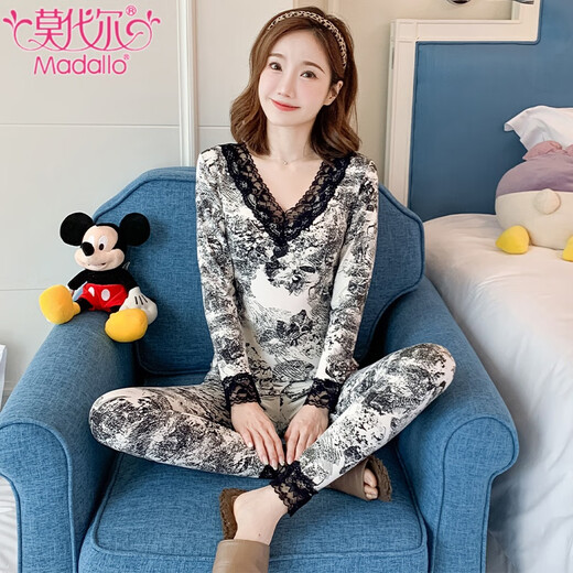 Modale Thermo-Unterwäsche für Damen, Herbstkleidung und Herbsthosen, Anzug aus reiner Baumwolle, plus Samt, verdickte Spitze, V-Ausschnitt, Studentenboden, Baumwollpullover, Winter 9905, Kragen mit V-Spitze, M