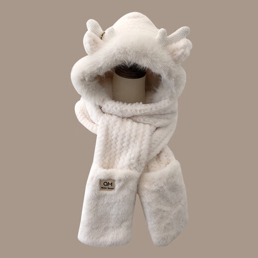 Memaru hat women's autumn and winter antlers furry ear protection three-piece set double-layer thickened scarf gloves one-piece warm hat beige