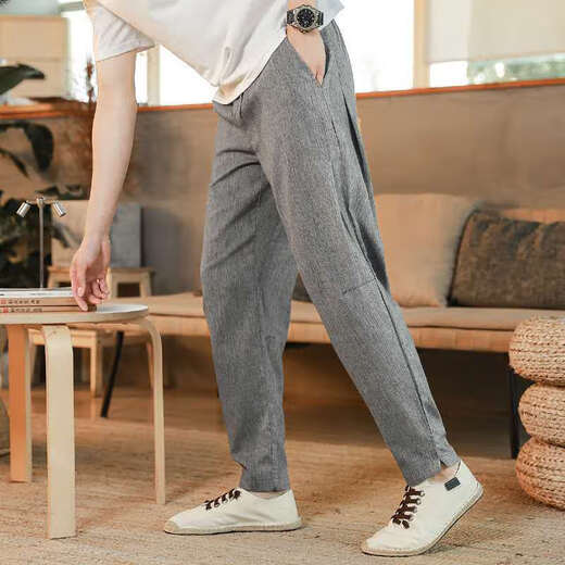 皮尔卡丹亚麻裤男士夏季薄款复古休闲长裤中国风宽松大码棉麻九分哈伦裤男 K07黄灰色 2XL 145-160斤
