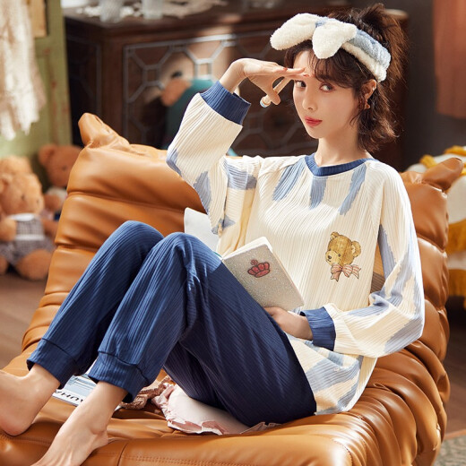 Delia pajamas women's spring and autumn pure cotton long-sleeved two-piece suit Korean style casual loose cartoon students can wear home clothes 90971L (recommended 100-120 Jin [Jin equals 0.5 kg])