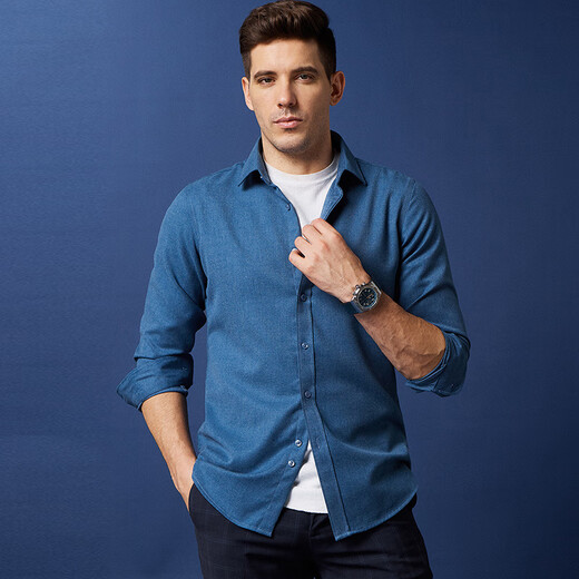 杉杉【磨毛加厚】衬衫男士长袖秋季商务休闲纯色抗皱保暖合体翻领男装