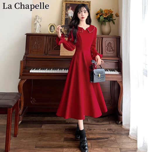 LA CHAPELLE HOMME La Chapelle La Dress Women's Toast Wear Women's Autumn and Winter Red Engagement Dress MM Slim Waist A-Line Burgundy XS