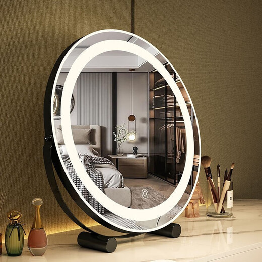 Perfeden Bedroom Mirror HD Smart Makeup Mirror with Light LED Dressing Mirror Desktop Charging Desktop Dressing Makeup Mirror Makeup Mirror Beauty Mirror Desktop Cylindrical Mirror Classic Black Diameter 45 (Plug-in Version)