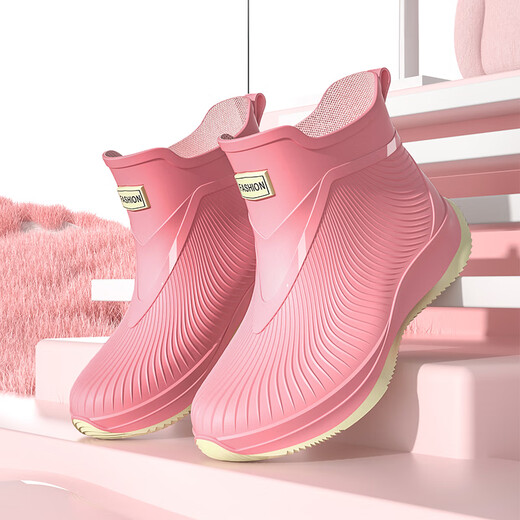 短筒雨鞋女款时尚水鞋外穿雨靴防滑防水鞋厨房水靴洗车胶鞋工作鞋 米色-标准码-无绒 38