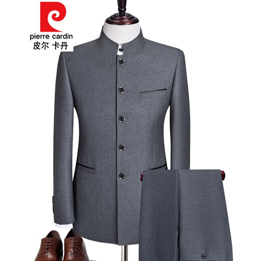 Pierre Cardin Frühlings- und Herbst-Tunika-Anzug für Männer, chinesischer Stehkragenanzug für junges und mittleres Alter, schmal geschnittenes chinesisches Bräutigamkleid im koreanischen Stil, zweiteiliges Set mit versteckten Knöpfen in Schwarz 687 185/116