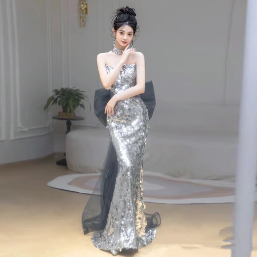 Parviso Evening Dress, Engagement Toast Dress, Light Luxury Niche High-end Host Graduation Fishtail French Sequin Style Silver Gray Same Style as Pierre Cardin It is recommended to go up one size 3XL