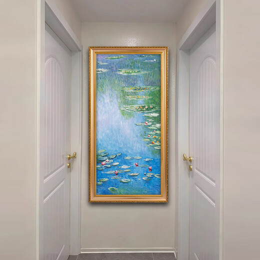 帝旗 世界名画莫奈 睡莲 纯手绘油画入户玄关装饰画走廊过道挂画竖版 692金实木框 60X120