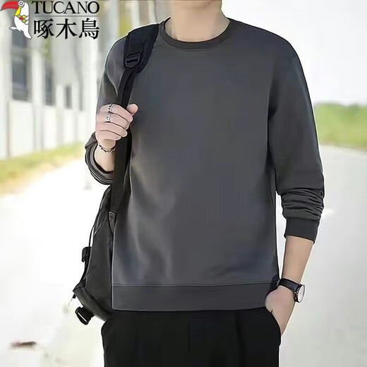 Woodpecker (TUCANO) cotton sweatshirt men's round neck spring, autumn and winter new loose velvet thickened bottoming shirt men's youth long-sleeved t-shirt black-velvet XL (recommended 120-135 Jin Jin equals 0.5 kg)