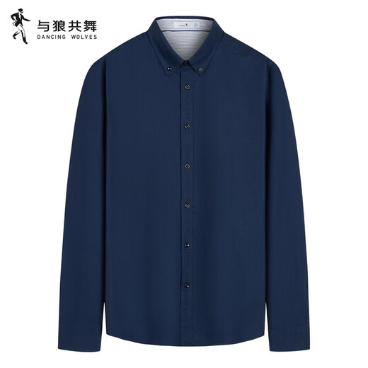 Dances with Wolves 100% Cotton Fashionable and Versatile Oxford Textile Comfortable Men's Long Sleeve Shirt 101 Navy XL-180