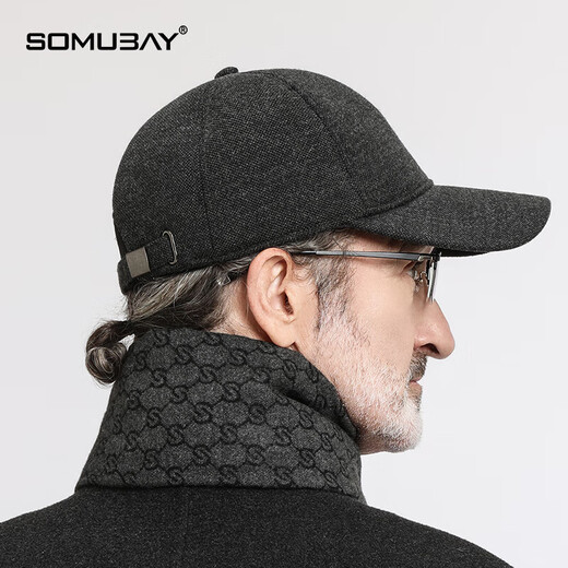 SOMUBAY (SOMUBAY) middle-aged and elderly father's woolen hat men's winter thickened cold-proof ear protection cap for old man and grandfather old man's peaked cap, dark gray with ear protection, velvet inside, one size fits all, one size fits all (56-58cm)