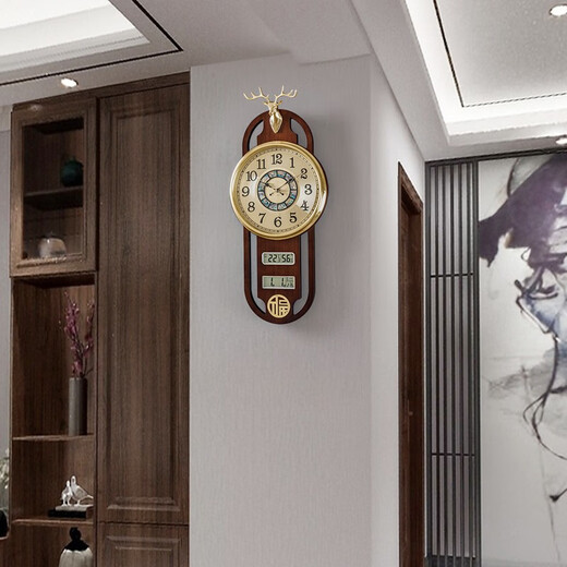 
Zhizhen New Chinese style living room perpetual calendar wall clock creative atmospheric Chinese style wall clock household decorative wooden clock 6172-brass style-Electronic movement