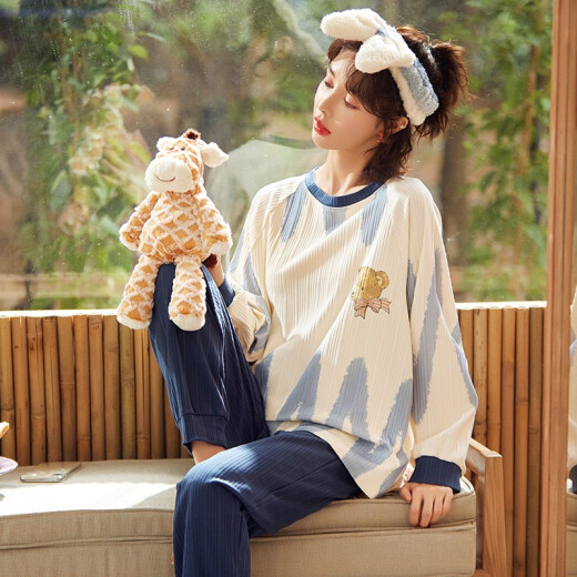 Delia pajamas women's spring and autumn pure cotton long-sleeved two-piece suit Korean style casual loose cartoon students can wear home clothes 90971L (recommended 100-120 Jin [Jin equals 0.5 kg])