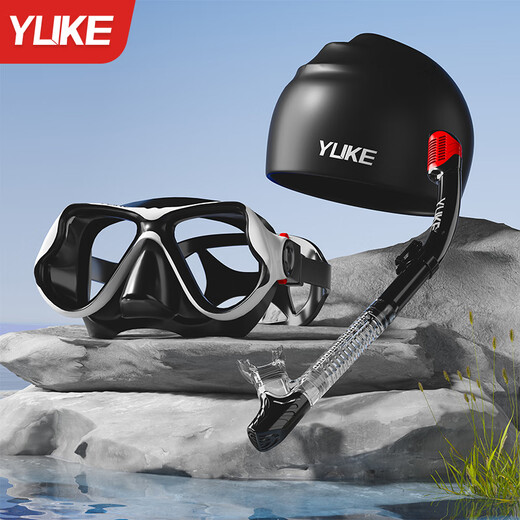 Yuke diving goggles, adult snorkeling equipment, snorkel, children's diving mask set, swimming glasses for men and women, adult, black and gray mask, snorkel, swimming cap, flat light, no prescription