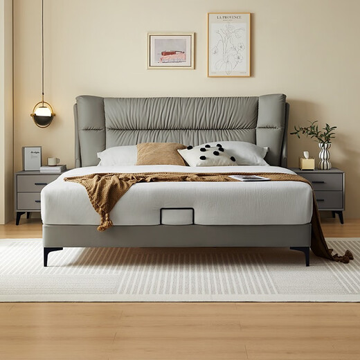 Double tiger cream style fabric bed modern simple 2024 new master bedroom cat scratch technology cloth double bed 23653 low box bed + 653 nightstand*1 [653B] cat claw cloth standard version 1.5*2.0 meters