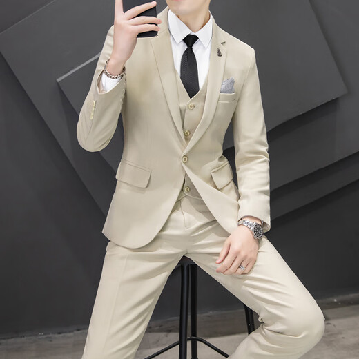 Playboy (PLAYBOY) casual suit men's suit Korean style business formal three-piece suit slim wedding groomsman dress high-end suit jacket black suit + vest + pants with waist tie 3XL