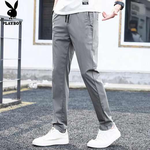 PLAYBOY (PLAYBOY) Pantalones casuales para hombres Pantalones de seda de hielo de primavera y verano para hombres Pantalones de hombres de patas rectas sueltas Gray Dark Grey 34