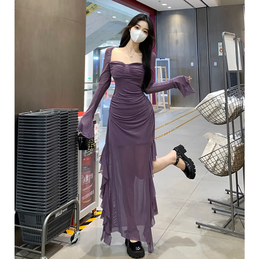 西儿气质辣妹风绝绝紫方领连衣裙女荷叶边拼接显瘦开叉气质包臀长裙 紫色连衣裙 L