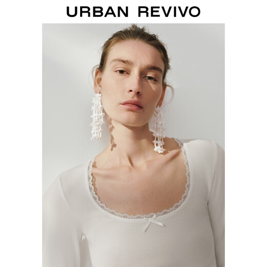 UR2025 new autumn women's spliced lace short slim long-sleeved T-shirt UWH450100 white M