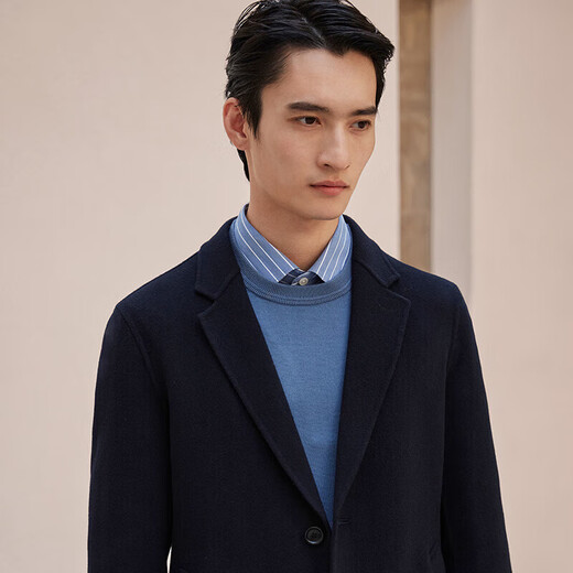 Good News Bird doppelseitiger Wollmantel in mittlerer Länge, reiner Wolltextur-Freizeitmantel für Herren KEBS223031U Marineblau 54