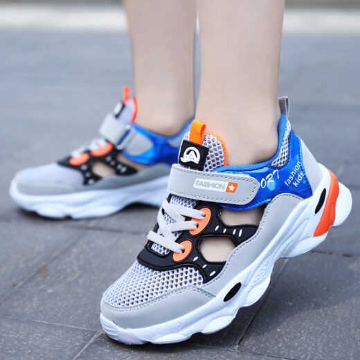 [Yingbudou] Children's Shoes Men's 2021 Summer New Children's Sports Shoes Women's Running Shoes Breathable Leather Surface Waterproof Anti-Slip Outdoor Mountaineering Travel Casual Shoes 1912-A Single Net #Gray Orange 32 Code/20.5cm