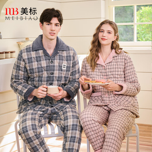American Standard Gifts Winter New Couple Pajamas Thickened Three-layer Cotton Warm Men's and Women's Casual Plaid Can Be Weared Outer Home Clothes Dark Gray (Coral Velvet Inner Layer) XL