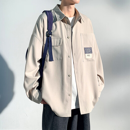 Foss Phil港风长袖衬衫外套男士秋冬季休闲宽松工装打底上衣7303浅灰XL