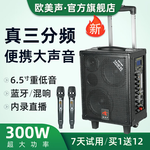 European and American sound outdoor audio karaoke dedicated three-way high-power professional singing live broadcast square dance performance high-quality large volume mobile drawbar Bluetooth portable speaker equipment 6.8-inch 618 drawbar 300W 2* wireless U-segment metal microphone + gift package