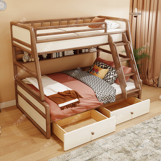 Youmanjia all solid wood children's bed and bed red walnut log bunk bed high and low bed safety arc children's furniture Nordic high and low bed only upper bunk 1.05*1.9 meters, lower bunk 1.35*1.9 meters