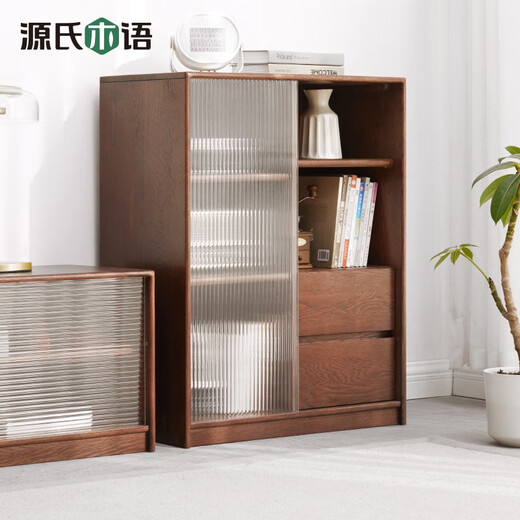 Genji Muyu solid wood TV side cabinet modern minimalist storage cabinet glass door small bookcase storage cabinet living room cabinet wide side cabinet (650*380*850mm)