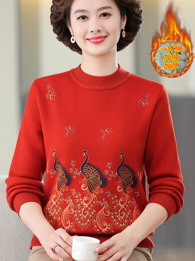 中老年妈妈保暖上衣单件秋冬装卫衣加绒加厚打底衫毛衣本命年红色 6627红色 M[建议90-100斤]