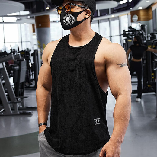 Lutielang professional fitness clothes loose quick-drying sleeveless blouse muscle training racer vest running sports men beige color L