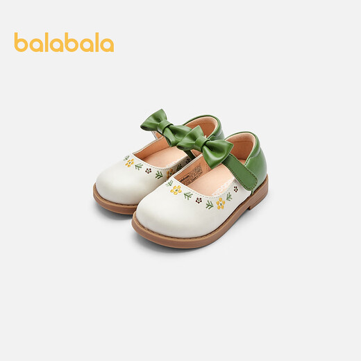 Balabala girls princess shoes children's small leather shoes artistic embroidered bow spring and autumn children's shoes baby shoes white green tone 00314 22 (foot length 13.3-13.7/inner length 14.6)