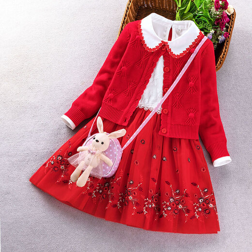 Little Bear Elf (xiaoxiongjingling) children's clothing girls dress sweater princess skirt suit autumn and winter little girl knitted cardigan jacket fashionable and western style 036 plus velvet pink (jacket + dress + small shoulder bag 120 size (recommended height around 110-120 cm)