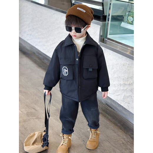 G.DUCKKIDS Boys' Cotton Jacket Autumn and Winter Thickened Handsome Little Boy Baby Padded Top Trendy and Cool Children's Work Jacket Black 120 cm Recommended height 110-120cm5-6 years old
