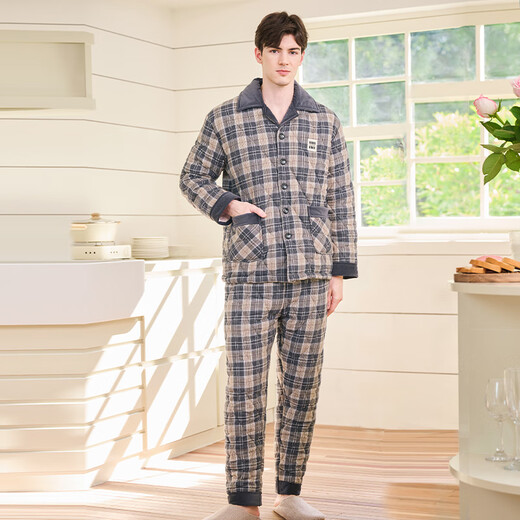 American Standard Gifts Winter New Couple Pajamas Thickened Three-layer Cotton Warm Men's and Women's Casual Plaid Can Be Weared Outer Home Clothes Dark Gray (Coral Velvet Inner Layer) XL