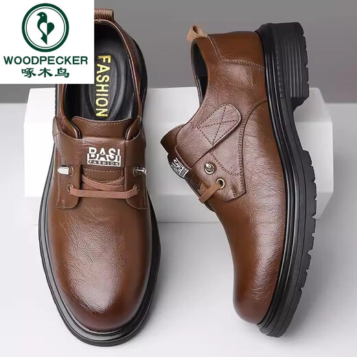 Woodpecker Leather Shoes Men's Genuine Leather Spring 2025 New Men's British Style Work Shoes Thick Sole Driving Pilot Casual Shoes Brown 40