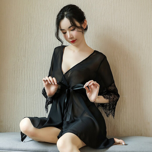 Feminine temptation transparent mesh nightgown thong set cardigan style lace home wear bathrobe robe + T pants
