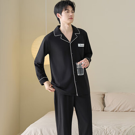 Couple's pajamas spring and autumn pure cotton pull-frame long-sleeved trousers casual suit cardigan simple high-end cool cotton home clothes men's style 5088 2XL