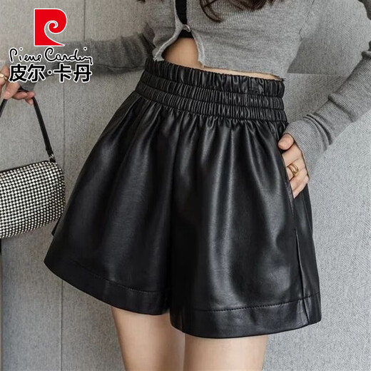 Pierre Cardin 2025 new autumn and winter versatile pu leather shorts for women with fat mm elastic waist 200Jin Jin equals 0.5kg loose slimming wide legs 6689 black XL recommended 110-130Jin Jin equals 0.5kg
