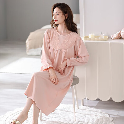 Victoria style nightgown with breast pad for women spring and autumn new pure cotton long-sleeved dress pajamas for women to wear at home in autumn 673 soft pink (with breast pad) L 160-165c100-125Jin Jin equals 0.5 kg