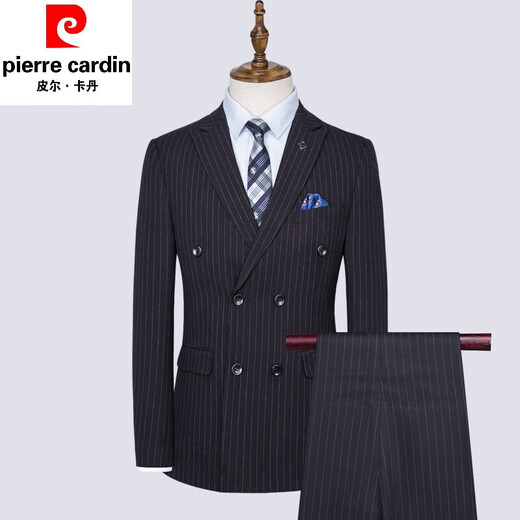 Pierre Cardin Suit Men's Business Casual Double-breasted Professional Formal Small Suit Men's Striped Groom's Wedding Groomsmen's Dress Black 1881 (Suit+Trousers) Anti-wrinkle 3XL/190 (165-180Jin Jin equals 0.5kg)