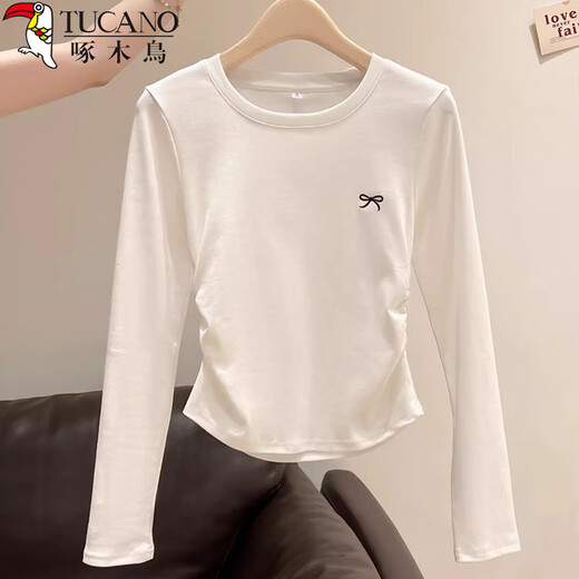 Woodpecker Right Shoulder Long Sleeve T-Shirt Women's Round Neck Bow Embroidery Autumn New Pleated Waist Bottoming Top White L