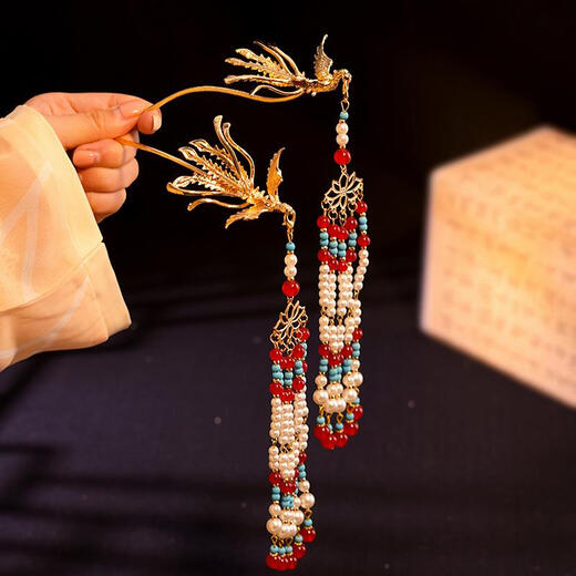 Shengli new Chinese style phoenix hairpin step shake bride wedding Xiuhe hair headdress 2024 new hairpin cheongsam hair accessories a pair of phoenix long pearl hairpin