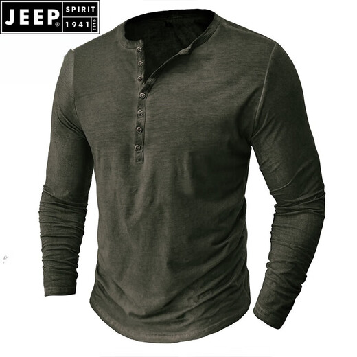 JEEP SPIRIT European and American men's distressed henley shirt retro long-sleeved T-shirt large size men's button washed distressed bottoming shirt top light gray 2XL (185-205Jin Jin equals 0.5 kg)