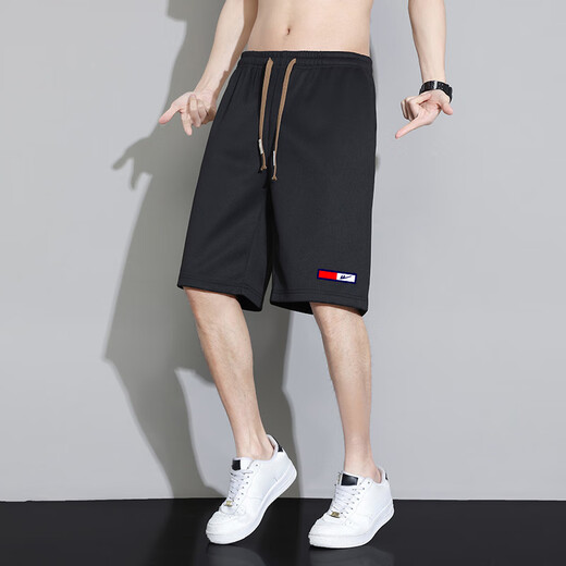 Pull-back shorts, summer men's outer wear, loose, thin, five-point pants, casual sports beach pants, high-end men's pants, black XL