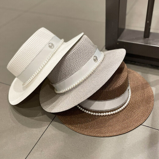
Rogosky counter trendy Korean version ins pearl M-label flat top hat spring and summer English versatile fashion sun protection straw woven hat women light luxury original milky white pearl M-label ribbon straw hat M (56-58cm)